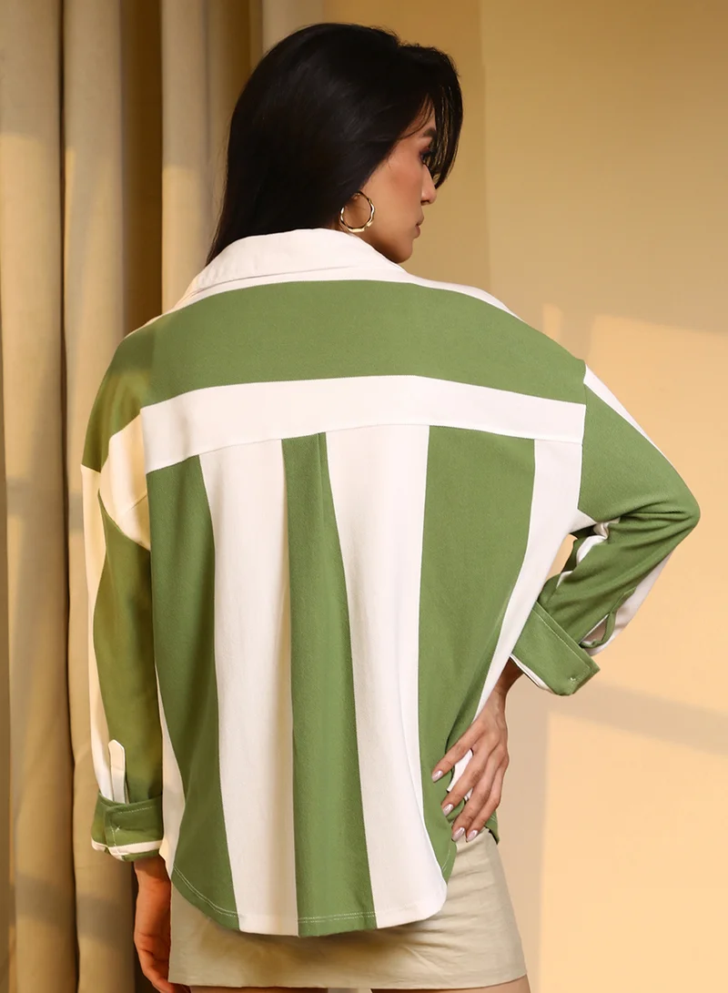 Pinacolada  Women's Avocado Green & Chalk White Striped Boxy Shirt For Casual Wear | Spread Collar | Long Sleeve | Button Closure | Shirt Designed With Comfortable Fit For Woman & Girls for Women | Best Price UAE